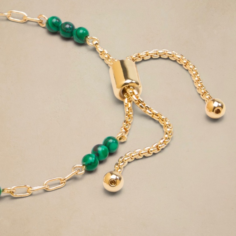 NWT Gold and Green Malachite Pull-Thru Beaded Bracelet